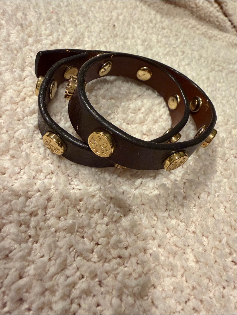 Tory Burch Black Leather Wrap Bracelet with Gold Logo Studs